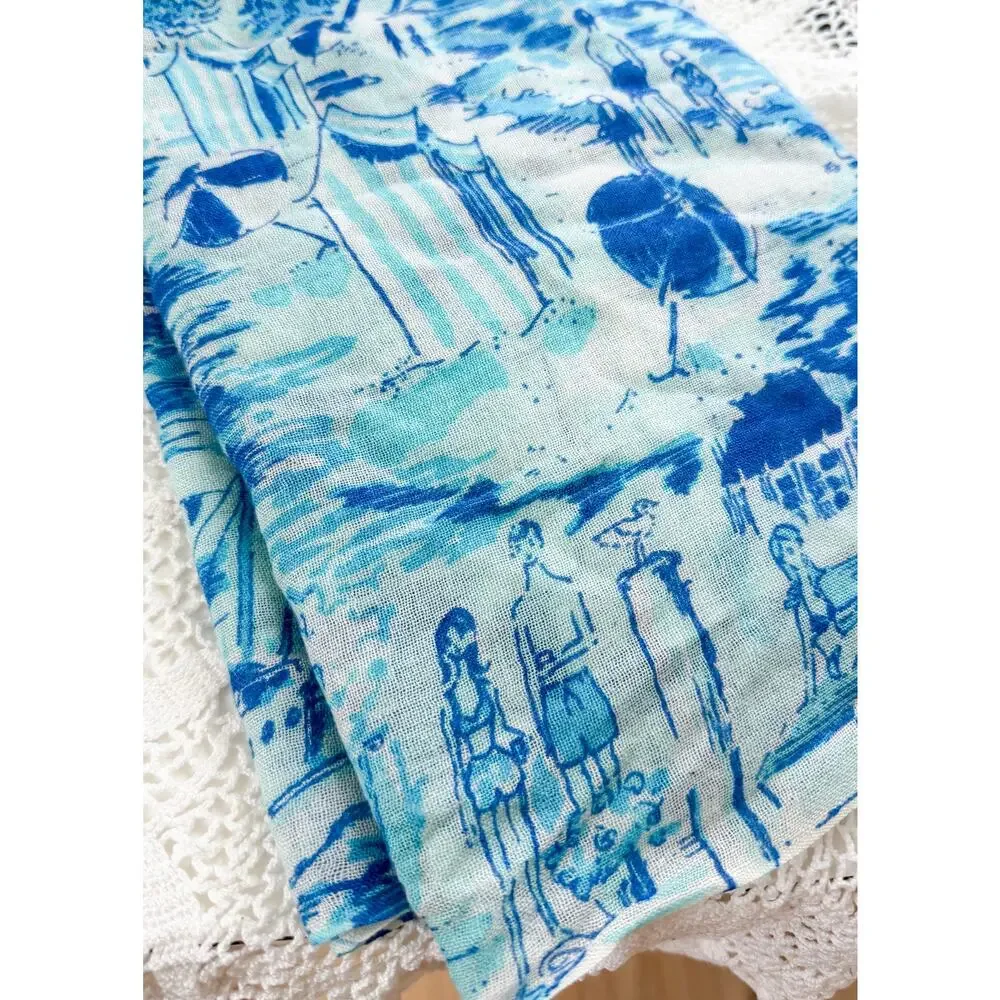 Lilly Pulitzer Silk & Cashmere Blue White Fresh Catch Print Scarf